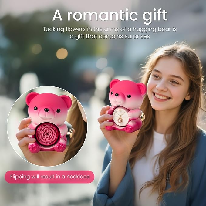 Cute Teddy Bear with Preserved Rose and Necklace, Elegant Bear Roses Gifts - Image 2