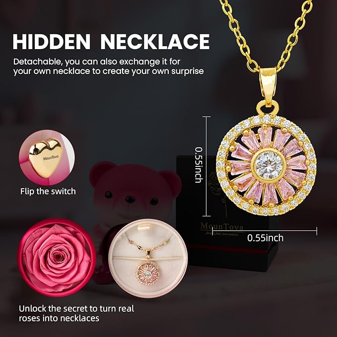 Cute Teddy Bear with Preserved Rose and Necklace, Elegant Bear Roses Gifts - Image 3