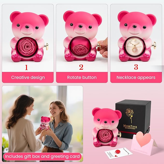 Cute Teddy Bear with Preserved Rose and Necklace, Elegant Bear Roses Gifts - Image 4