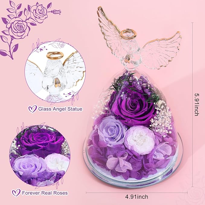 FIACO Valentines Day Gifts for Mom Women Birthday Preserved Rose in Glass Angel - Image 4